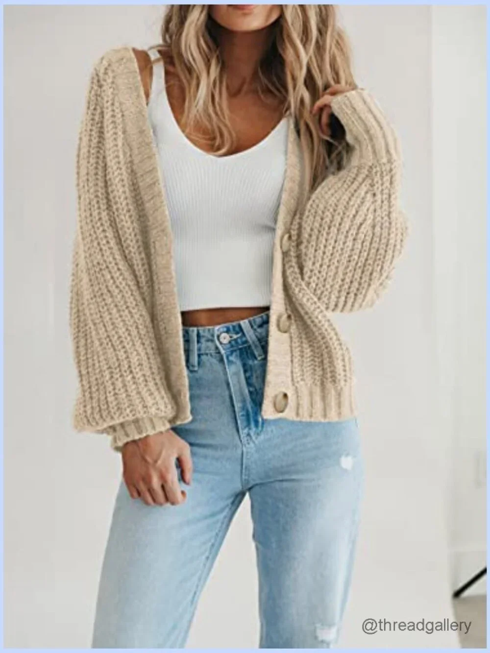 Chunky Knit Open Front Cardigan Long Sleeve Button Loose Short Coat